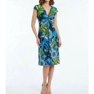 Y2K Lizzatti blue green mod floral twist front stretch jersey midi dress 8